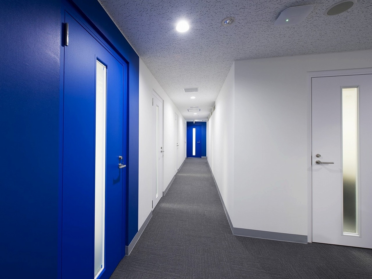 共用部_廊下。白と青のコントラストが爽やかな印象です。