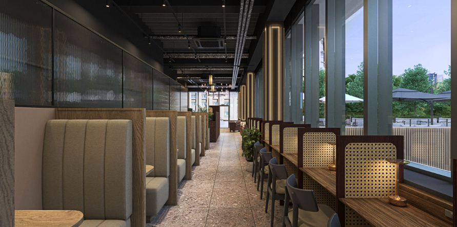 ラウンジ_没頭したい時は、視線と音環境に配慮されたパーティション付きの半個室ブースで快適に作業。 リラックスムードの時は、ヴィンテージ調のソファで大きな窓を臨みながら、静かに対話や打ち合わせを行えます。 集中と休息を自然に切り替えられるラウンジです。