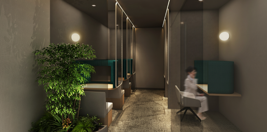 FocusRoom_一人ひとり区切られたプライベート空間。セカンドラウンジとして快適にご利用いただけます。吸音パネルによる静音設計で、より集中できる環境です。