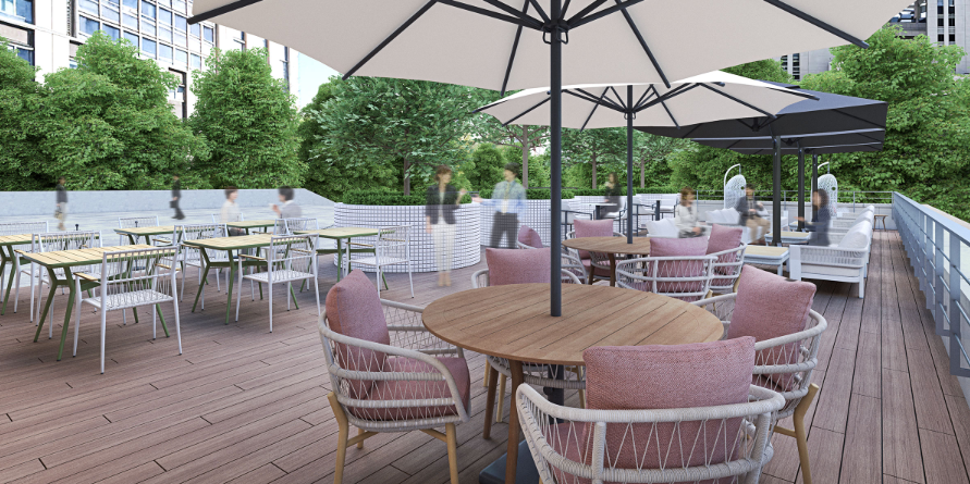 テラス_落ち着いたラウンジから一歩踏み出すと、官公庁施設を望む穏やかなテラスが目の前に広がります。 機能性とデザインにこだわった家具が並び、屋外でも快適に作業に集中できます。